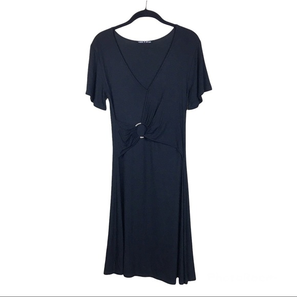 Cable & Gauge Black Ring Ruched Waist Faux Wrap Short Sleeve Dress 
Size XS - Picture 1 of 5